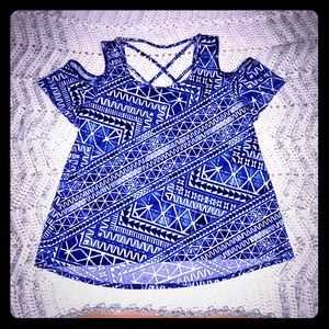 Trendy Blue&White Cold Shoulder Blouse Sz XL